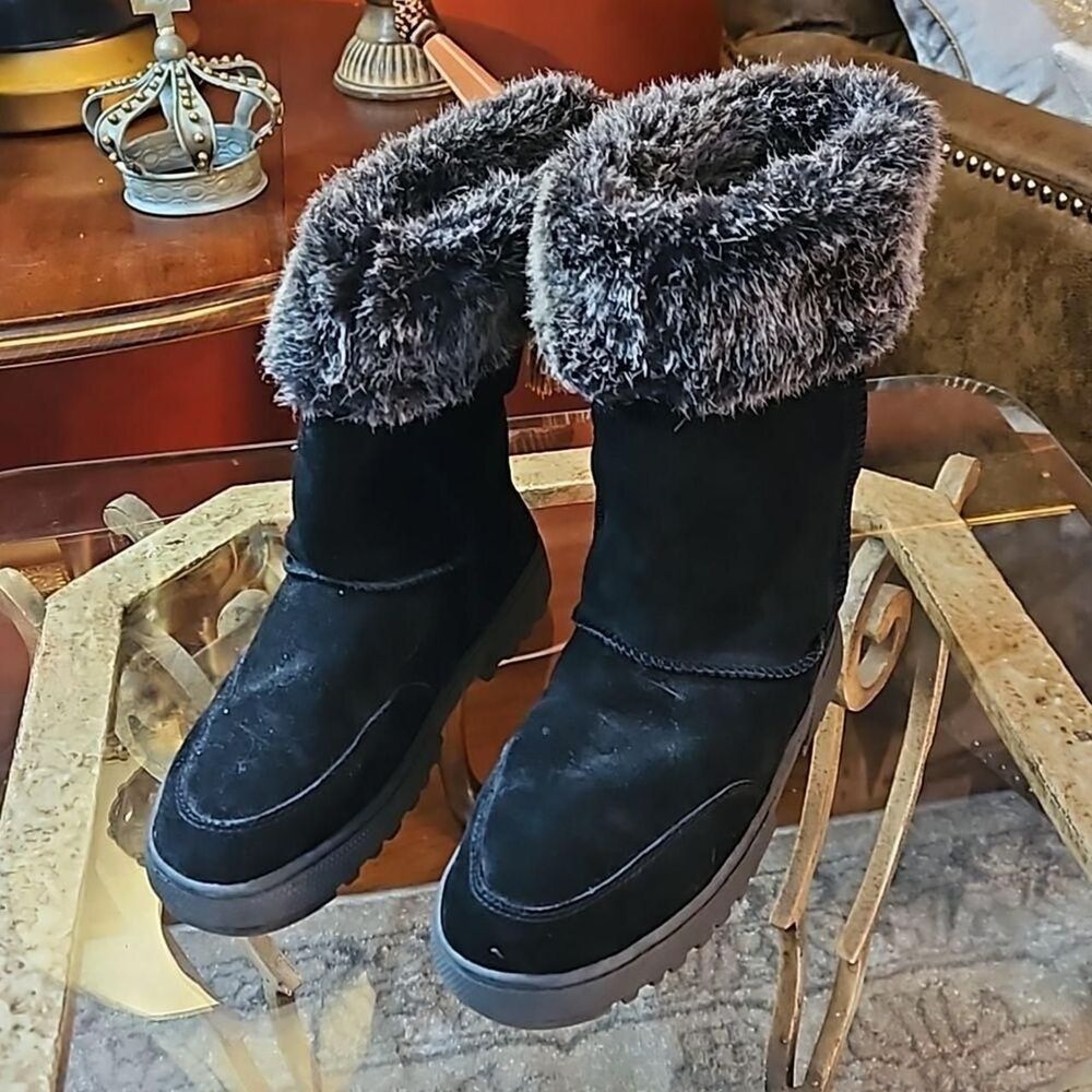 Rampage Black Suede Leather Faux Fur Trim Boots 7 Y2K Winter Coquette